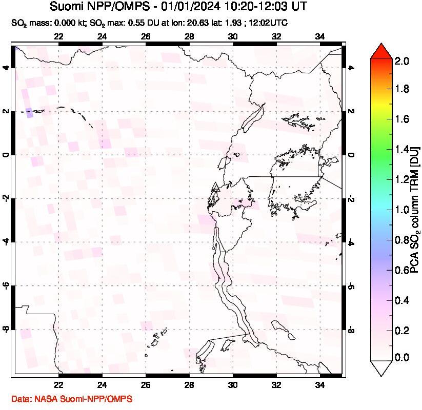 A sulfur dioxide image over Nyiragongo, DR Congo on Jan 01, 2024.