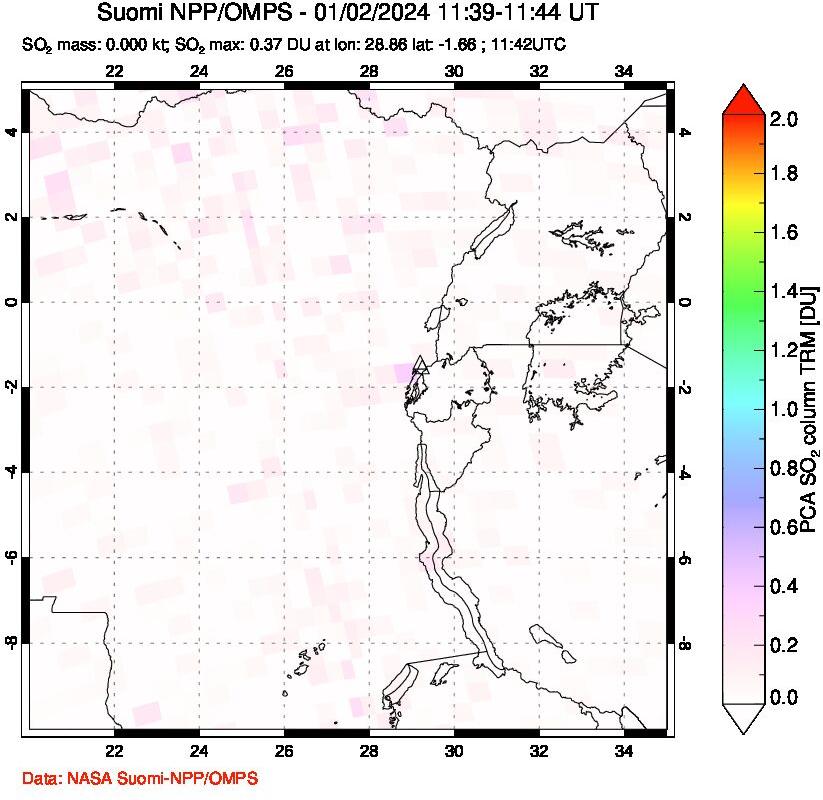 A sulfur dioxide image over Nyiragongo, DR Congo on Jan 02, 2024.