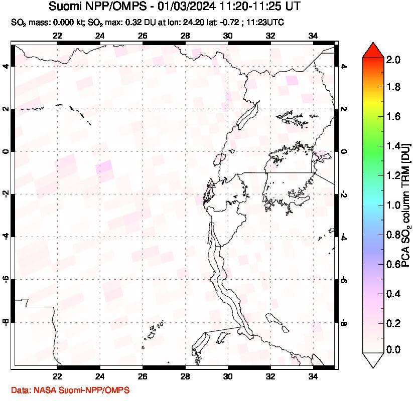 A sulfur dioxide image over Nyiragongo, DR Congo on Jan 03, 2024.