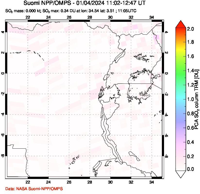 A sulfur dioxide image over Nyiragongo, DR Congo on Jan 04, 2024.