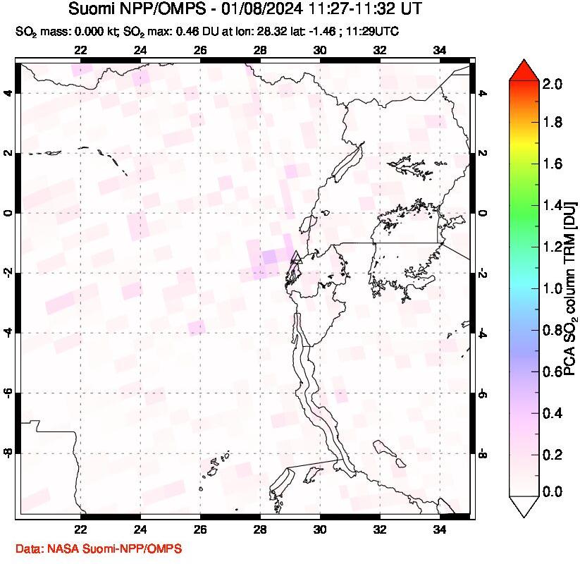 A sulfur dioxide image over Nyiragongo, DR Congo on Jan 08, 2024.