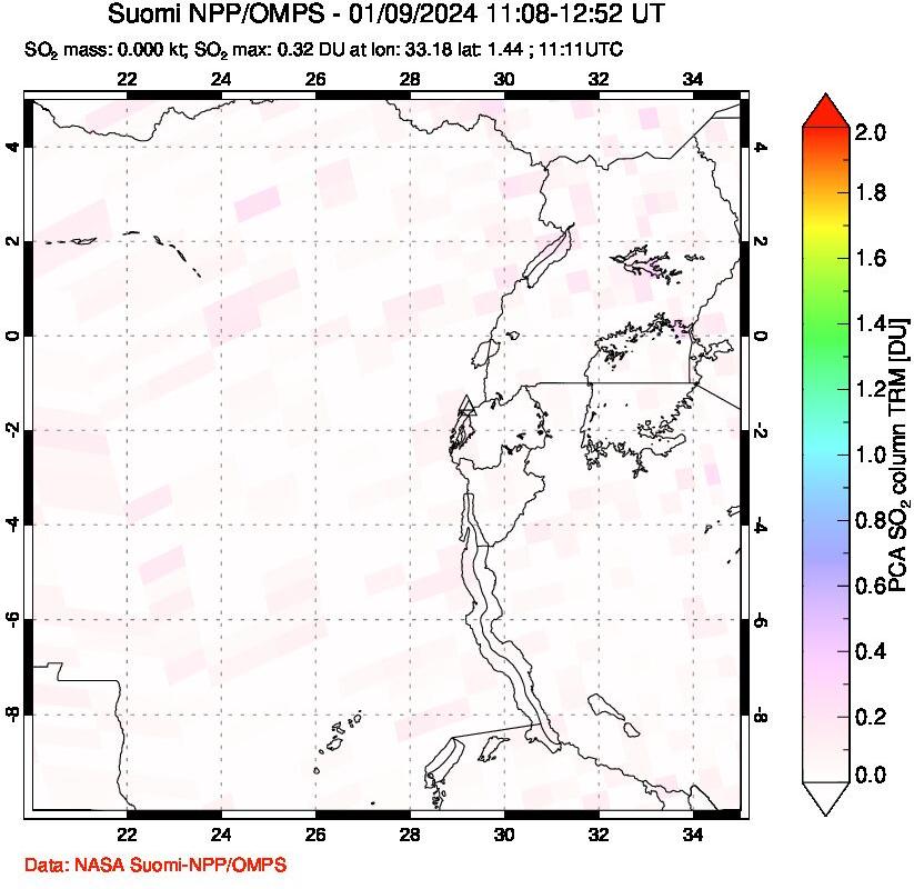 A sulfur dioxide image over Nyiragongo, DR Congo on Jan 09, 2024.