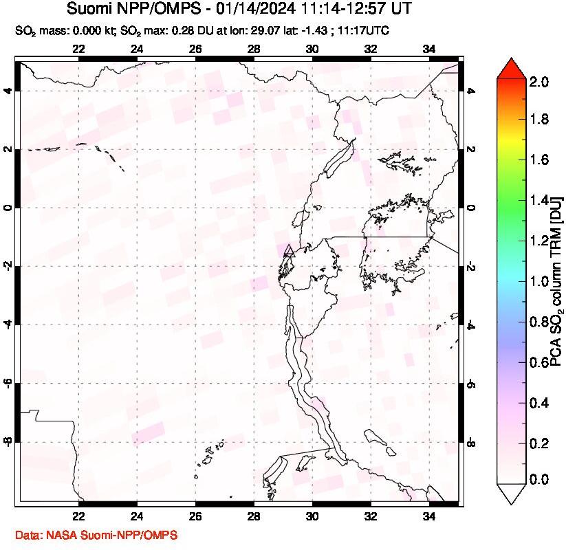 A sulfur dioxide image over Nyiragongo, DR Congo on Jan 14, 2024.