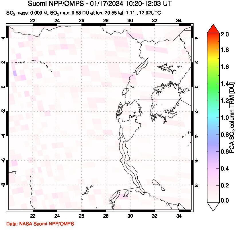 A sulfur dioxide image over Nyiragongo, DR Congo on Jan 17, 2024.