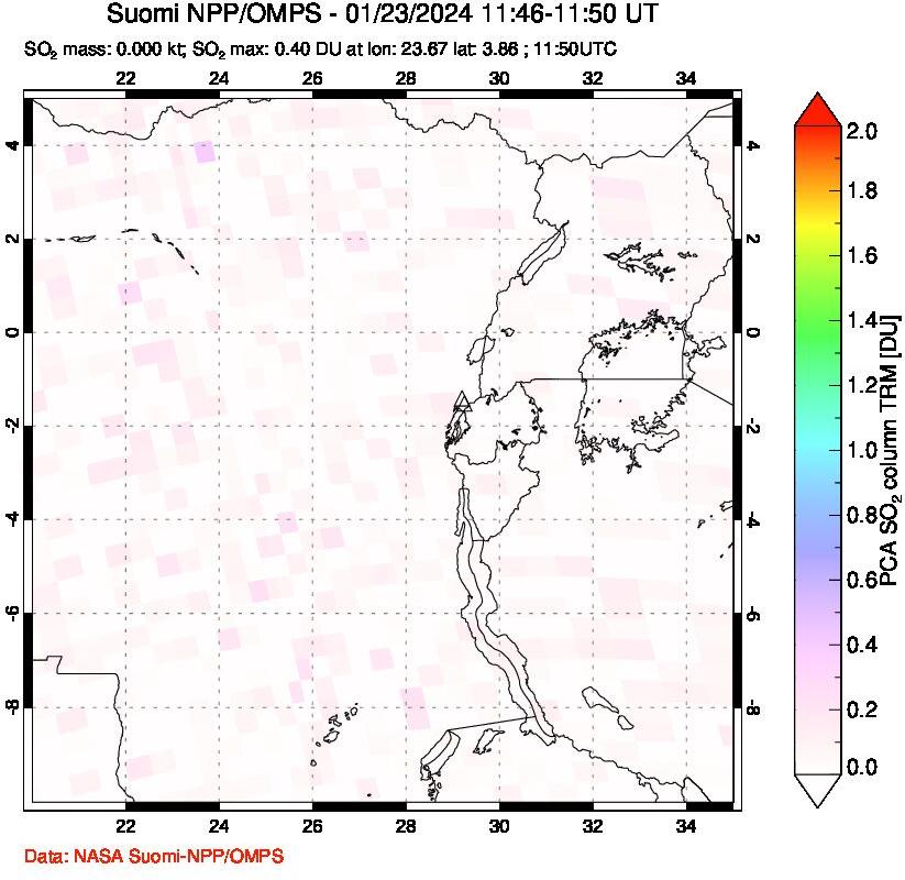 A sulfur dioxide image over Nyiragongo, DR Congo on Jan 23, 2024.