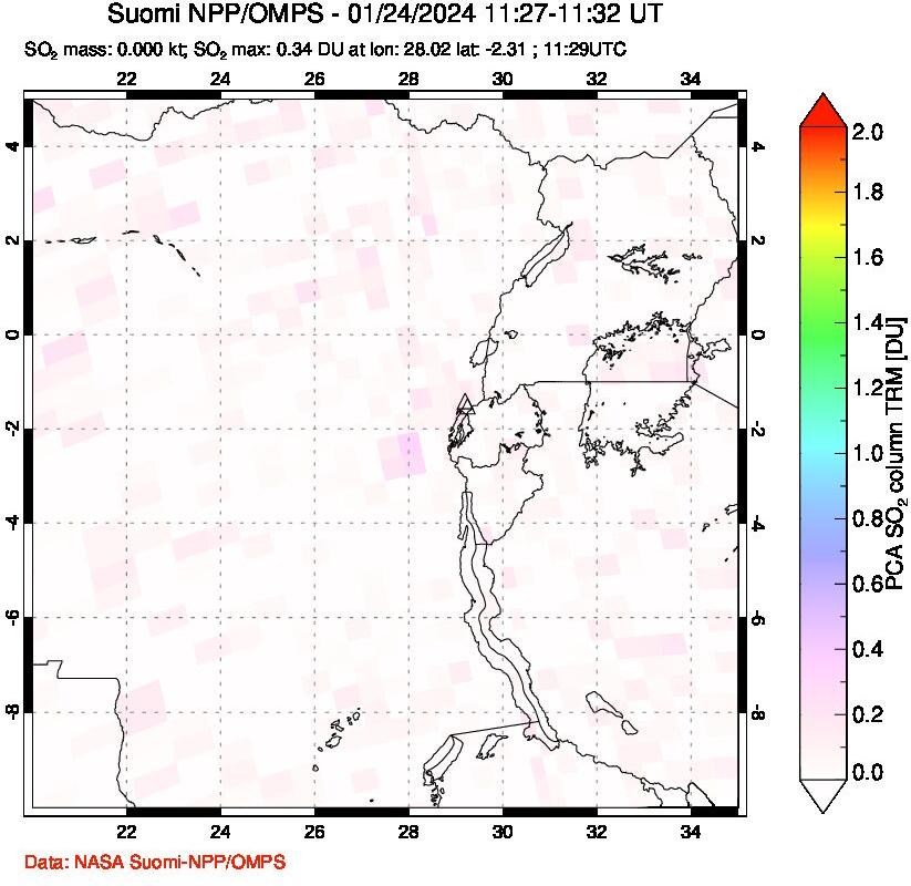 A sulfur dioxide image over Nyiragongo, DR Congo on Jan 24, 2024.