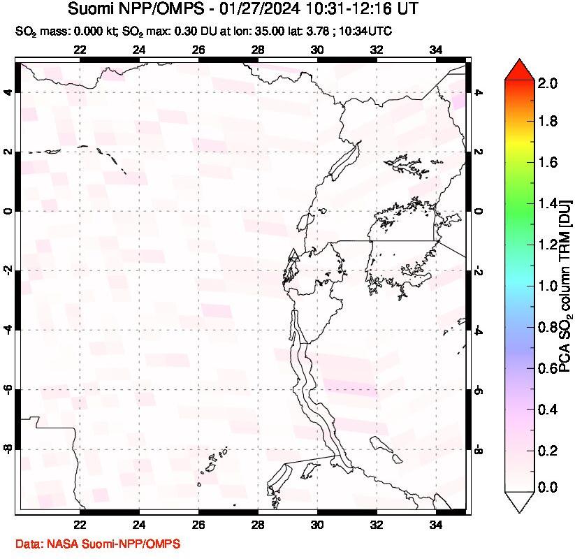 A sulfur dioxide image over Nyiragongo, DR Congo on Jan 27, 2024.