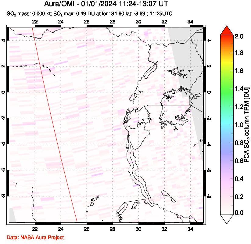 A sulfur dioxide image over Nyiragongo, DR Congo on Jan 01, 2024.