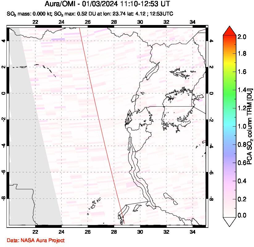 A sulfur dioxide image over Nyiragongo, DR Congo on Jan 03, 2024.