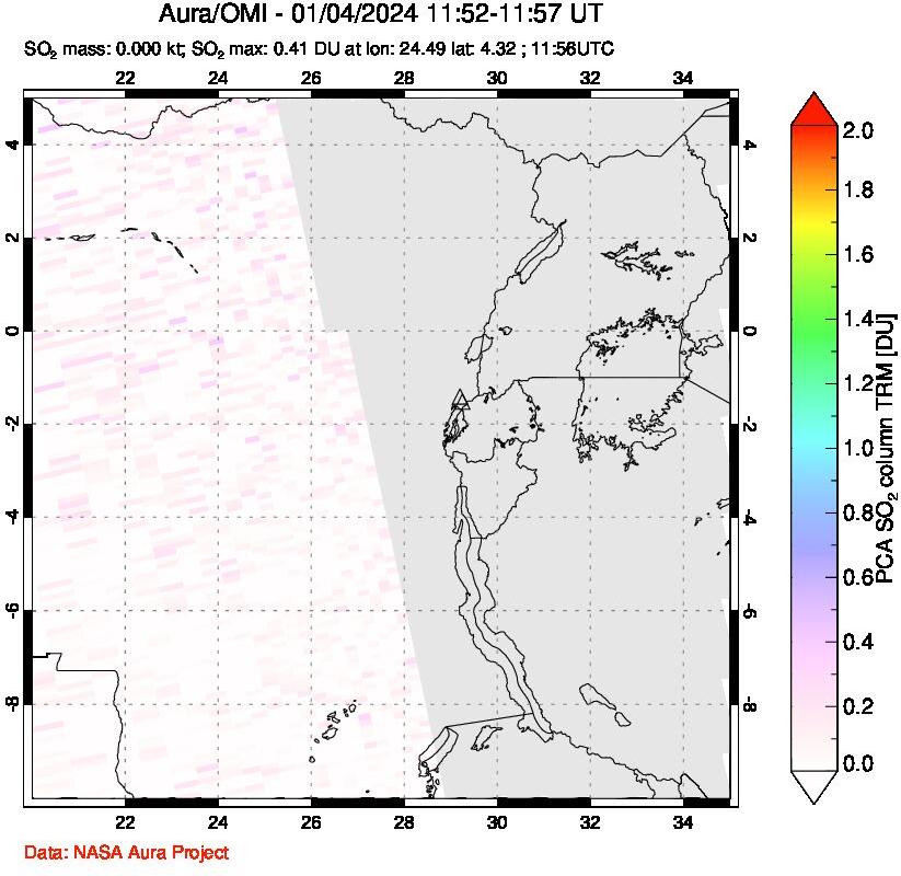 A sulfur dioxide image over Nyiragongo, DR Congo on Jan 04, 2024.