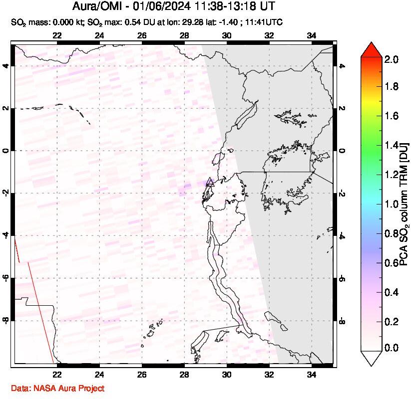 A sulfur dioxide image over Nyiragongo, DR Congo on Jan 06, 2024.