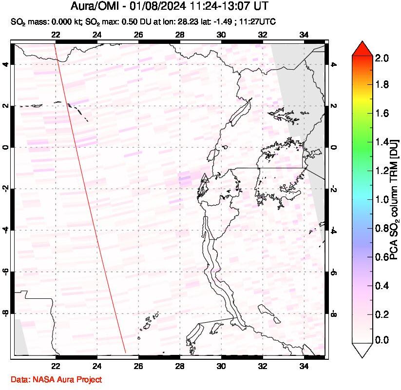 A sulfur dioxide image over Nyiragongo, DR Congo on Jan 08, 2024.