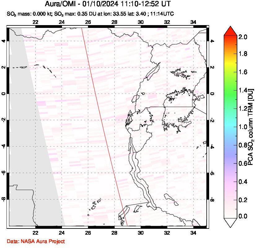 A sulfur dioxide image over Nyiragongo, DR Congo on Jan 10, 2024.