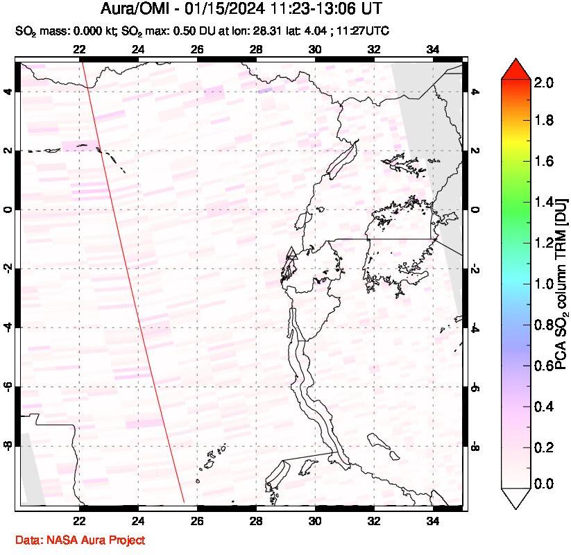 A sulfur dioxide image over Nyiragongo, DR Congo on Jan 15, 2024.