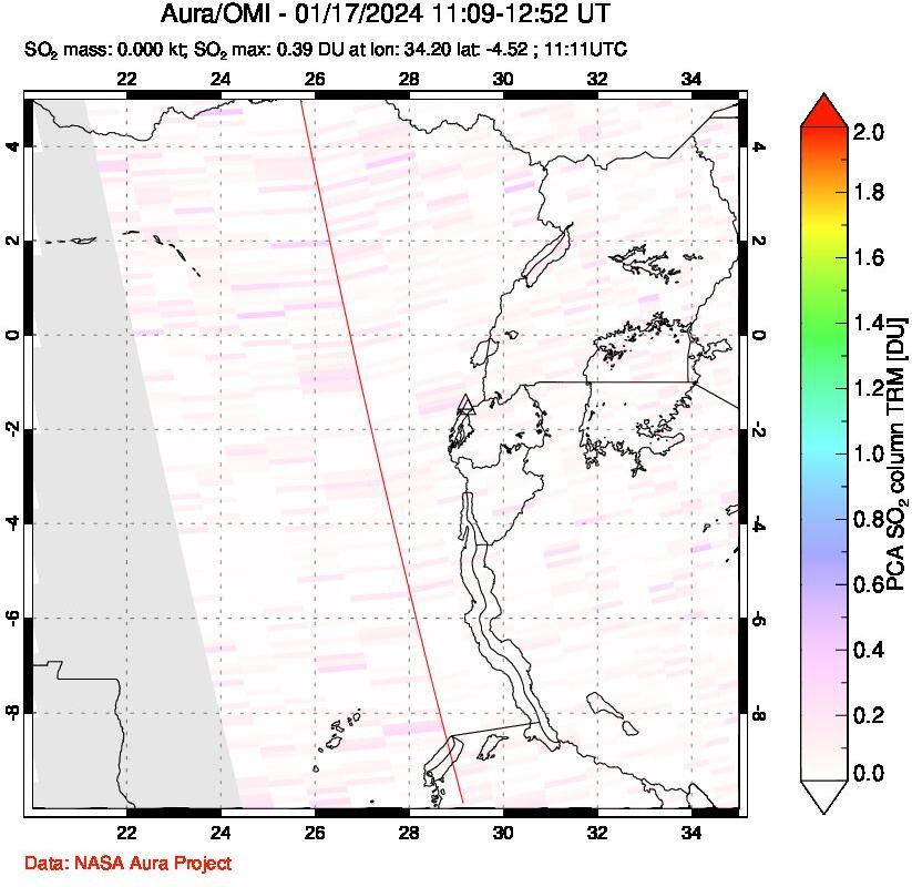 A sulfur dioxide image over Nyiragongo, DR Congo on Jan 17, 2024.