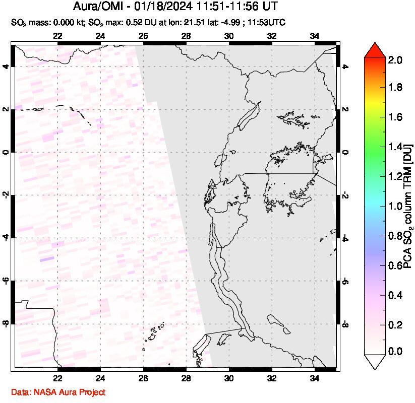 A sulfur dioxide image over Nyiragongo, DR Congo on Jan 18, 2024.