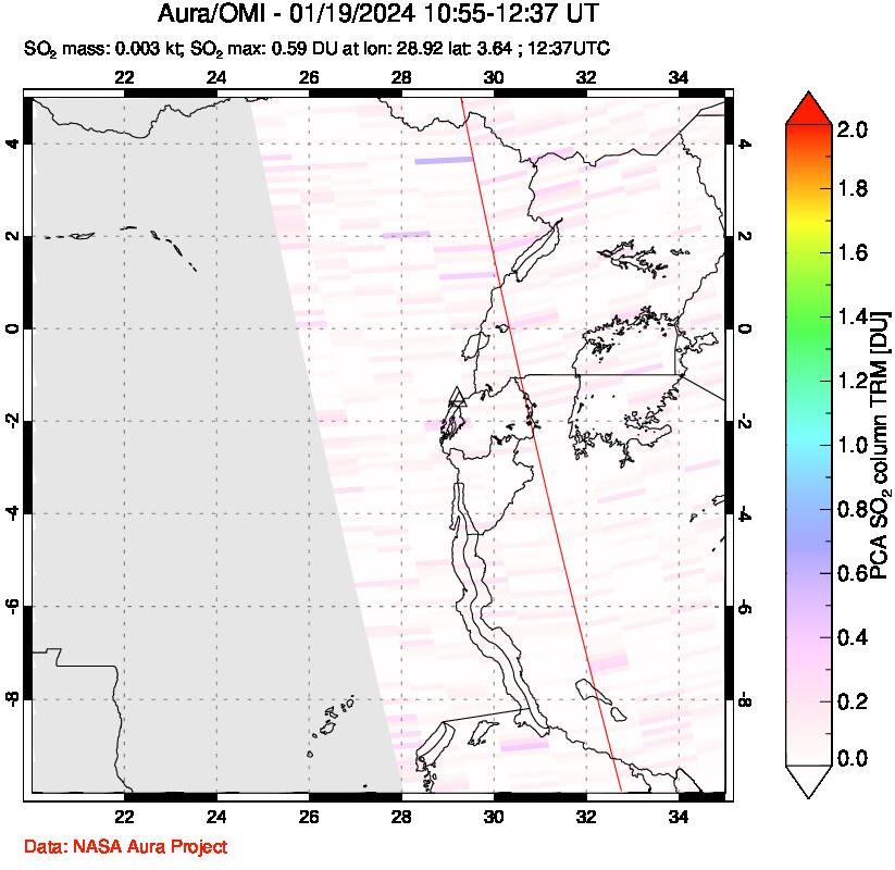 A sulfur dioxide image over Nyiragongo, DR Congo on Jan 19, 2024.