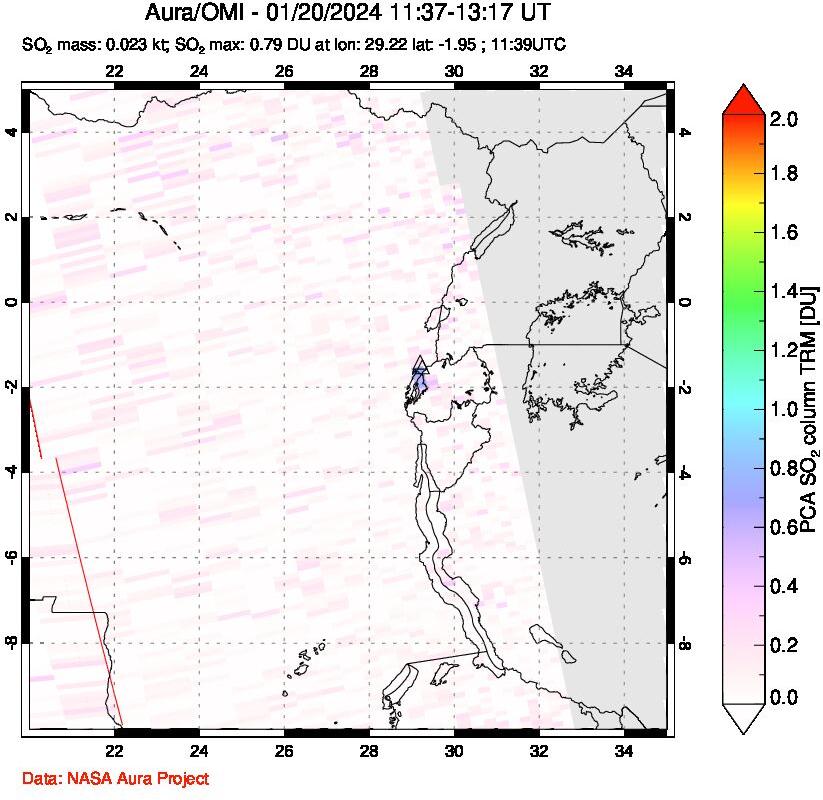 A sulfur dioxide image over Nyiragongo, DR Congo on Jan 20, 2024.