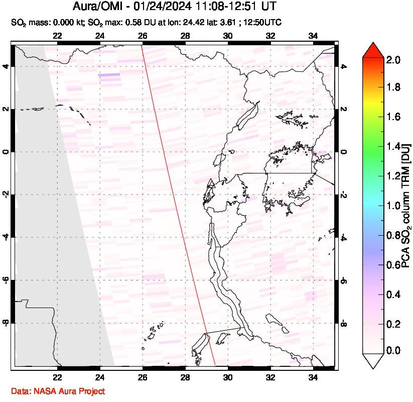 A sulfur dioxide image over Nyiragongo, DR Congo on Jan 24, 2024.