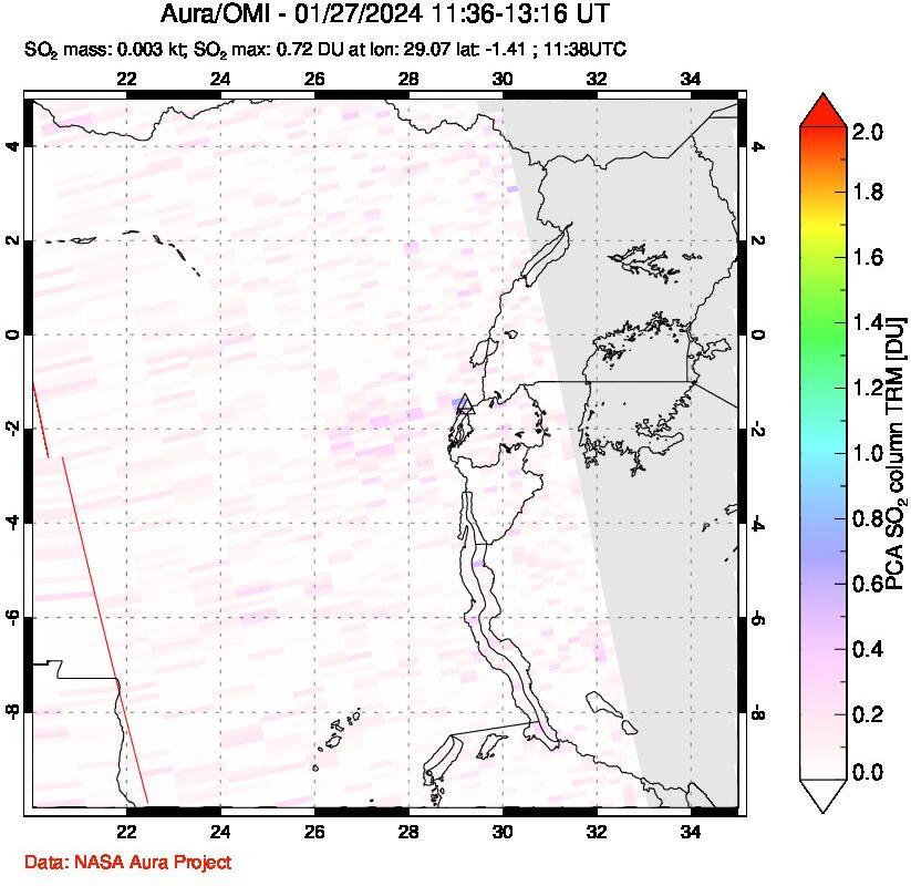 A sulfur dioxide image over Nyiragongo, DR Congo on Jan 27, 2024.