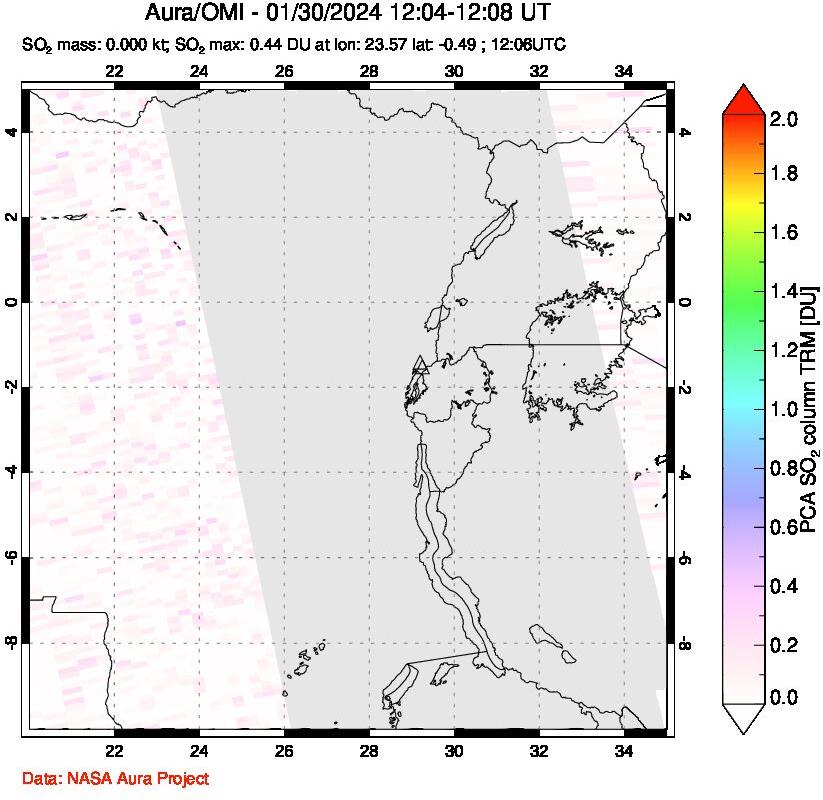 A sulfur dioxide image over Nyiragongo, DR Congo on Jan 30, 2024.