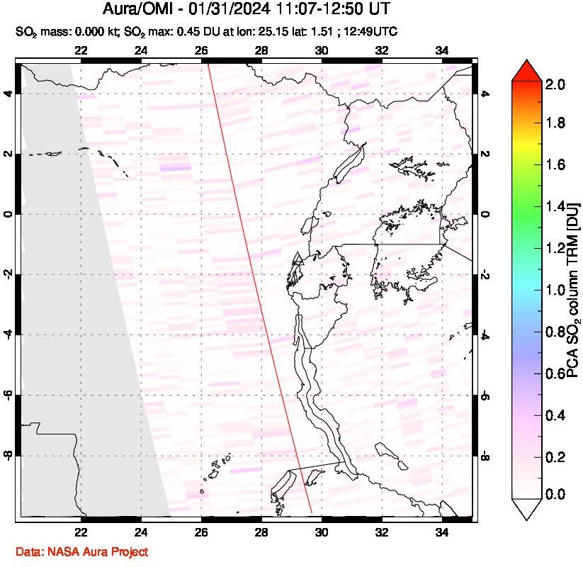 A sulfur dioxide image over Nyiragongo, DR Congo on Jan 31, 2024.