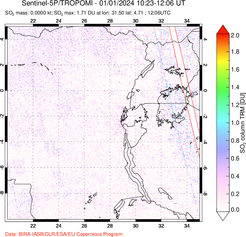 A sulfur dioxide image over Nyiragongo, DR Congo on Jan 01, 2024.