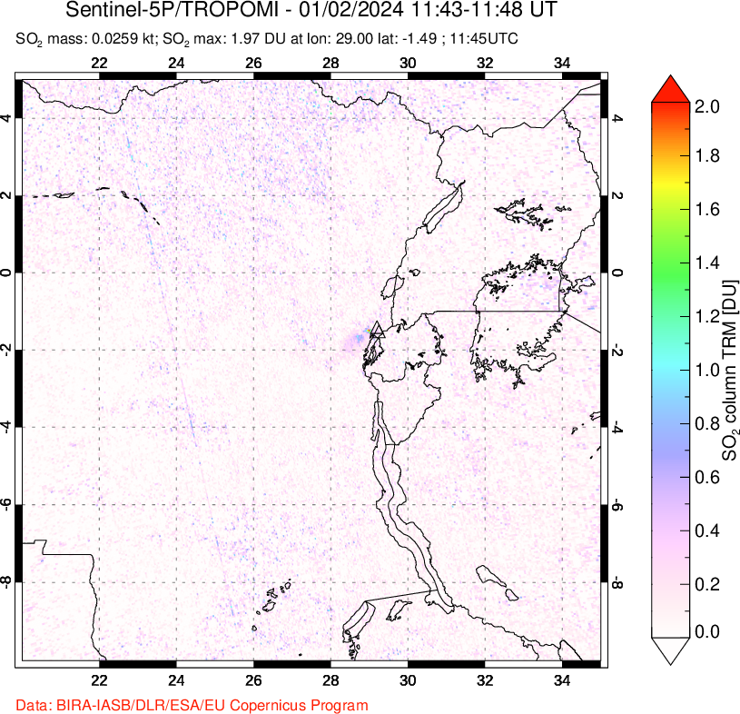 A sulfur dioxide image over Nyiragongo, DR Congo on Jan 02, 2024.