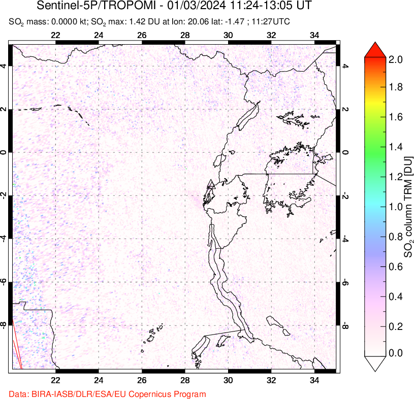 A sulfur dioxide image over Nyiragongo, DR Congo on Jan 03, 2024.