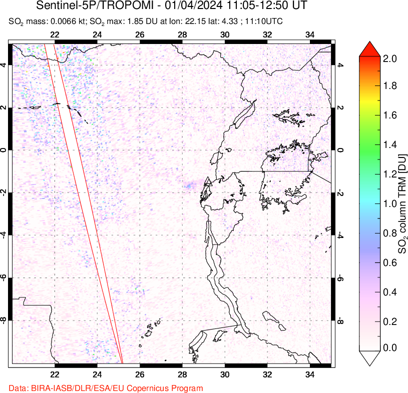 A sulfur dioxide image over Nyiragongo, DR Congo on Jan 04, 2024.