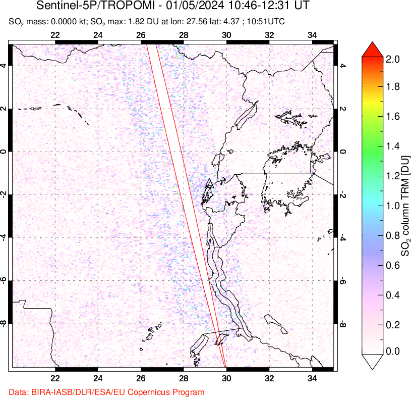 A sulfur dioxide image over Nyiragongo, DR Congo on Jan 05, 2024.