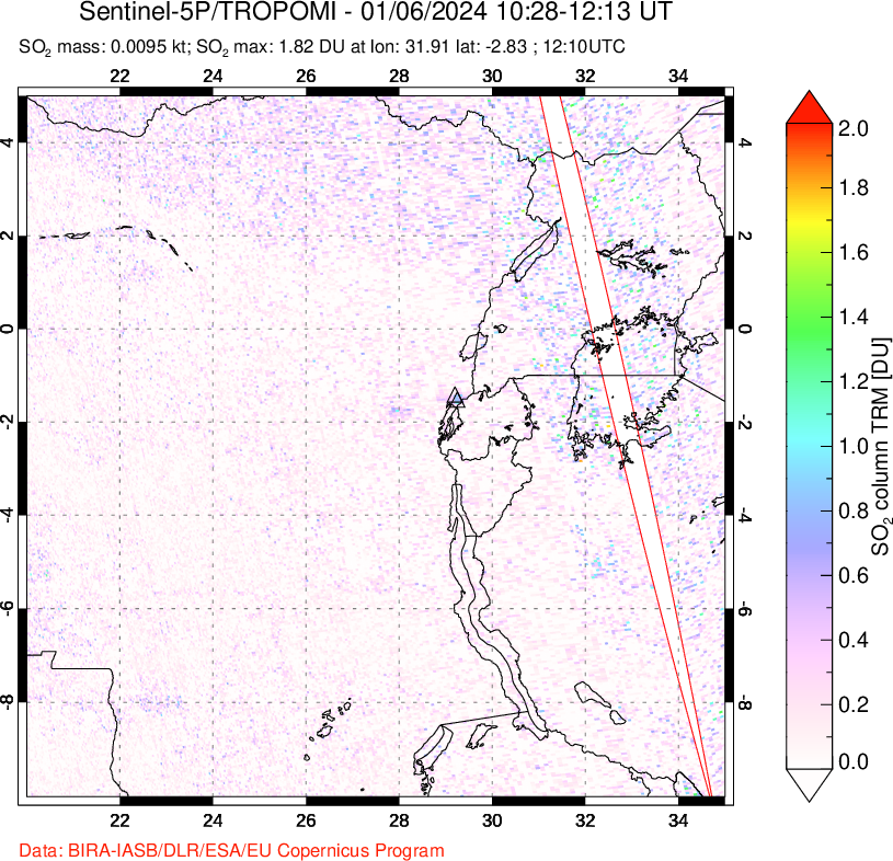 A sulfur dioxide image over Nyiragongo, DR Congo on Jan 06, 2024.