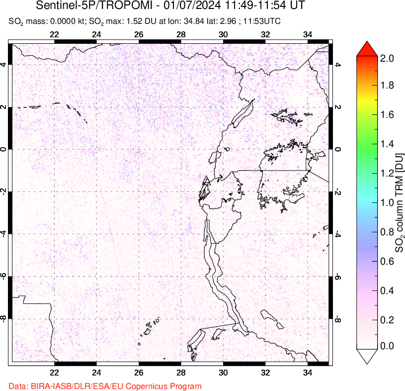 A sulfur dioxide image over Nyiragongo, DR Congo on Jan 07, 2024.