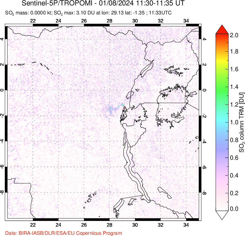 A sulfur dioxide image over Nyiragongo, DR Congo on Jan 08, 2024.