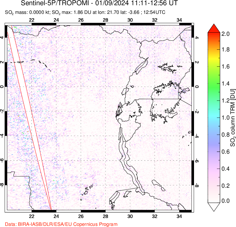 A sulfur dioxide image over Nyiragongo, DR Congo on Jan 09, 2024.