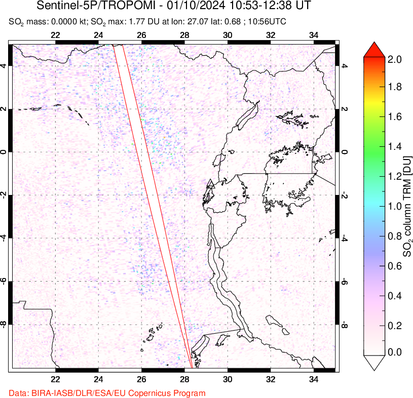 A sulfur dioxide image over Nyiragongo, DR Congo on Jan 10, 2024.