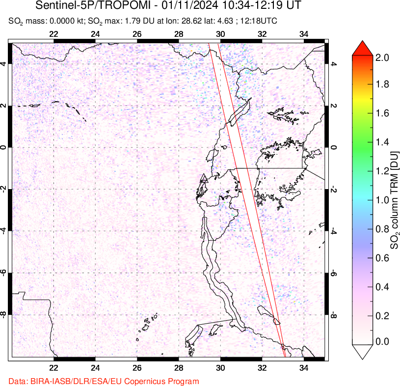 A sulfur dioxide image over Nyiragongo, DR Congo on Jan 11, 2024.