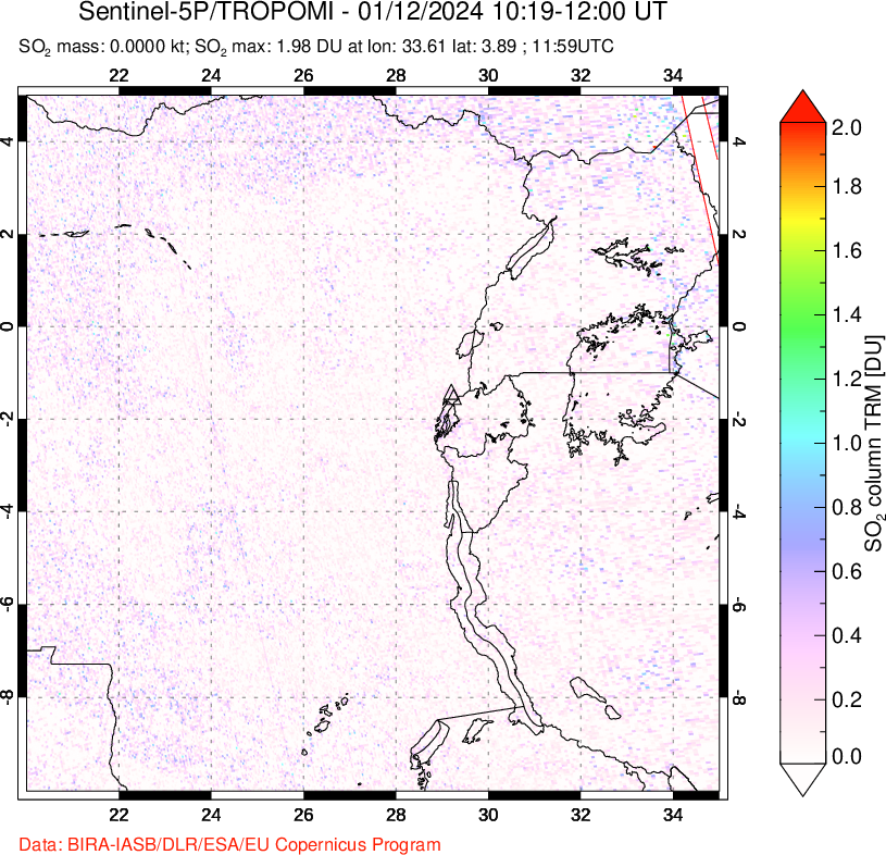 A sulfur dioxide image over Nyiragongo, DR Congo on Jan 12, 2024.