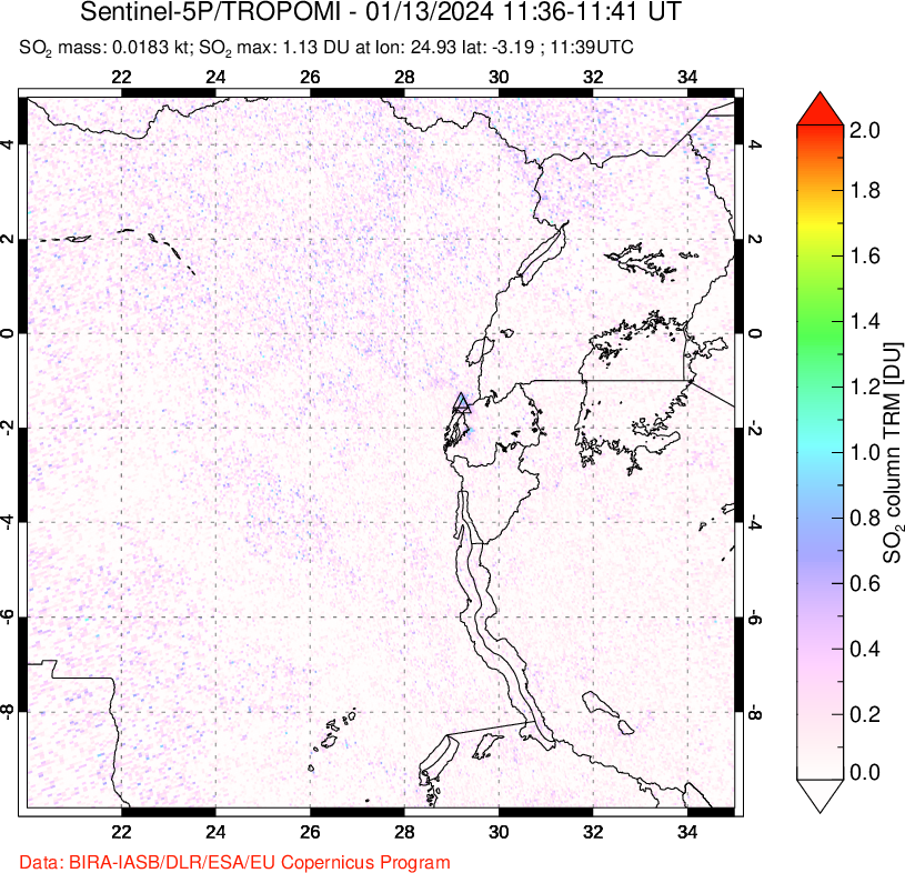 A sulfur dioxide image over Nyiragongo, DR Congo on Jan 13, 2024.