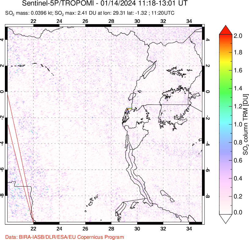 A sulfur dioxide image over Nyiragongo, DR Congo on Jan 14, 2024.