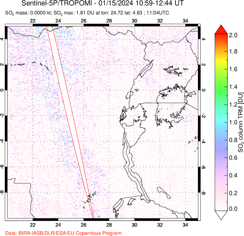 A sulfur dioxide image over Nyiragongo, DR Congo on Jan 15, 2024.