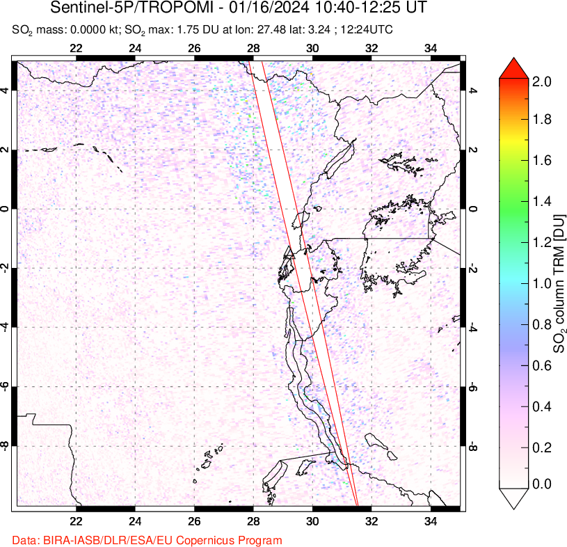 A sulfur dioxide image over Nyiragongo, DR Congo on Jan 16, 2024.