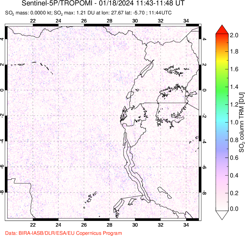 A sulfur dioxide image over Nyiragongo, DR Congo on Jan 18, 2024.