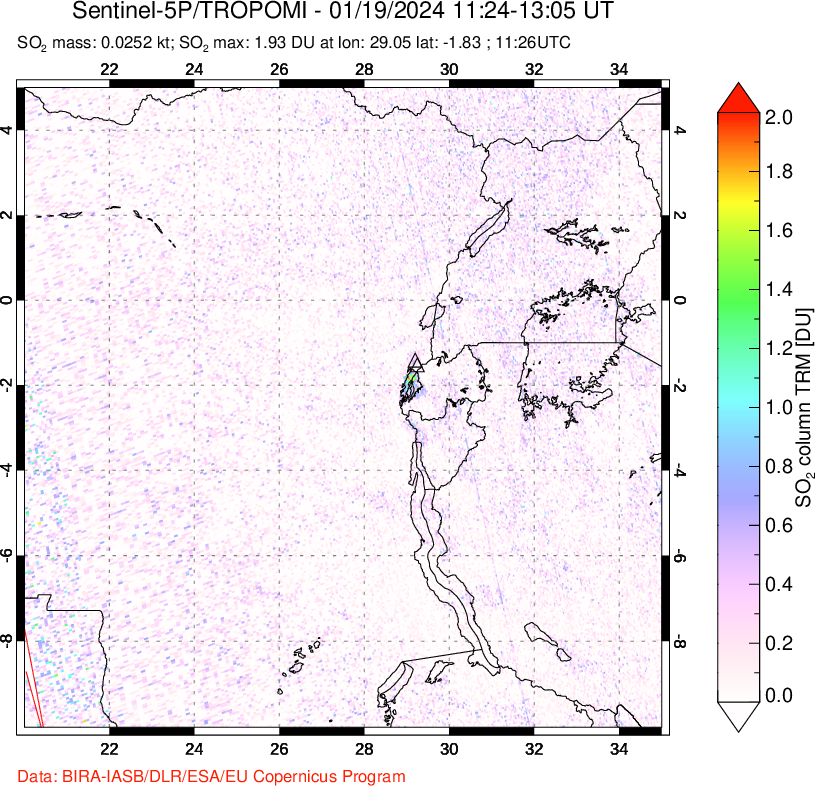 A sulfur dioxide image over Nyiragongo, DR Congo on Jan 19, 2024.