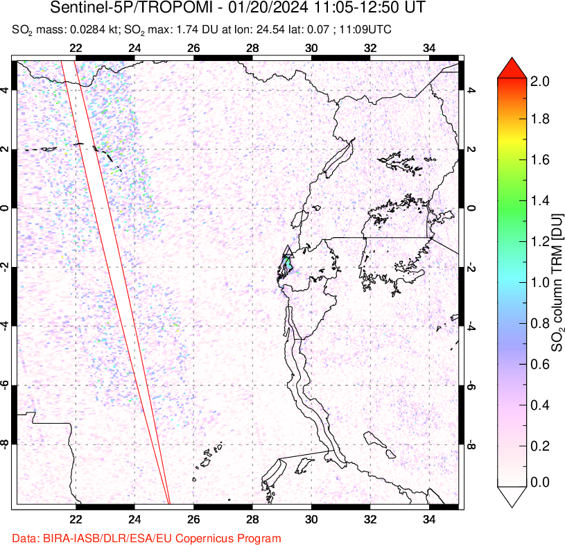 A sulfur dioxide image over Nyiragongo, DR Congo on Jan 20, 2024.