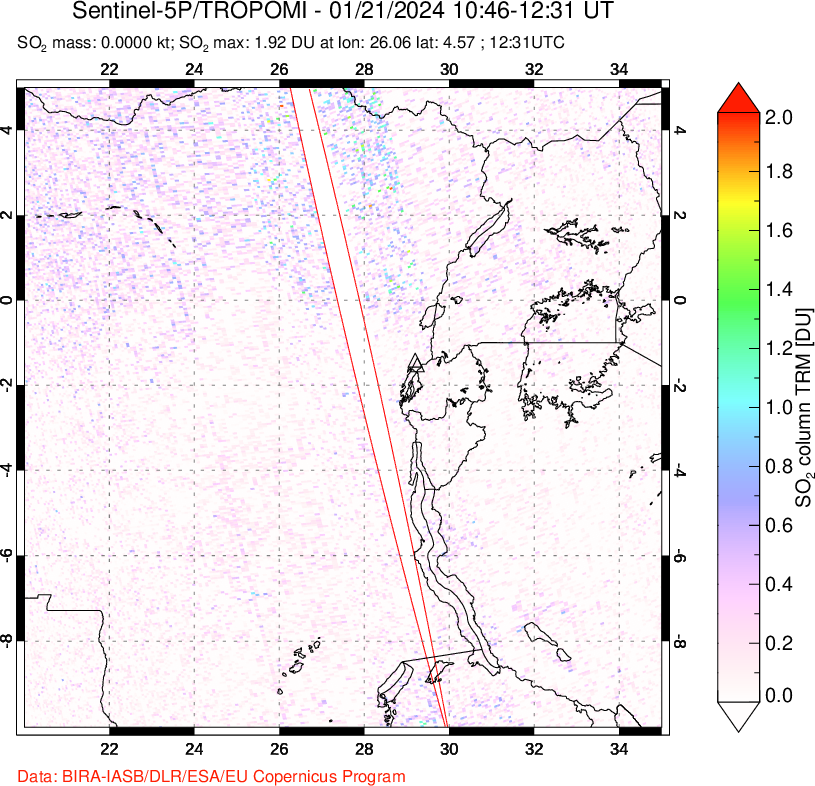 A sulfur dioxide image over Nyiragongo, DR Congo on Jan 21, 2024.