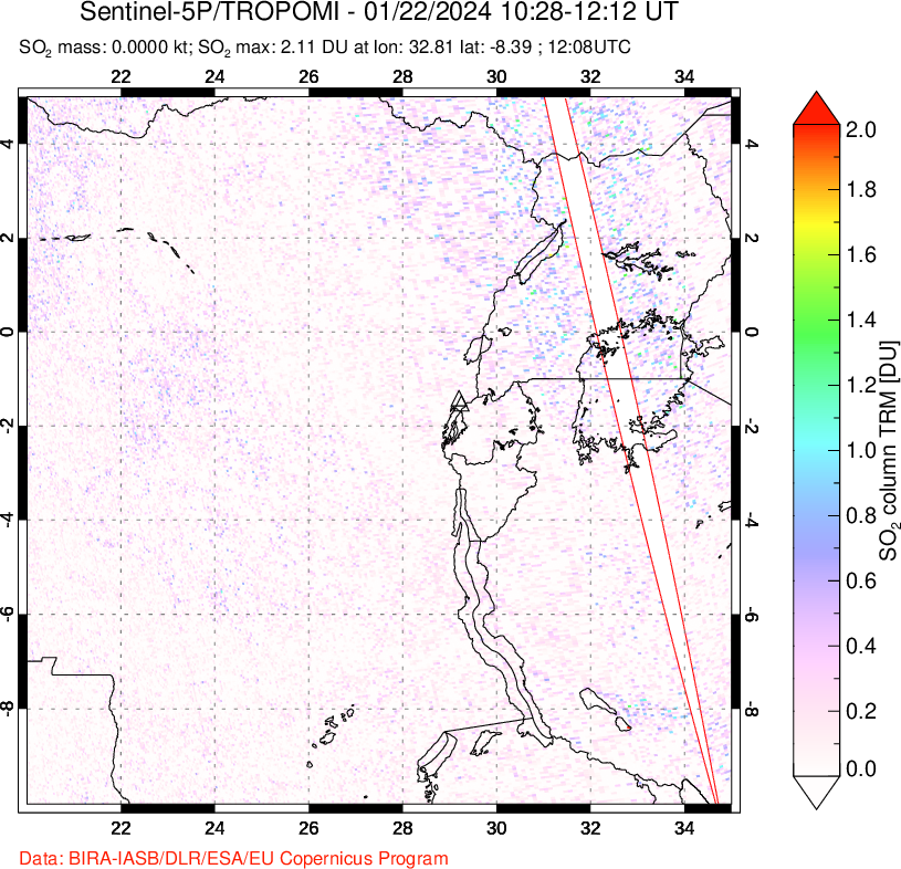 A sulfur dioxide image over Nyiragongo, DR Congo on Jan 22, 2024.