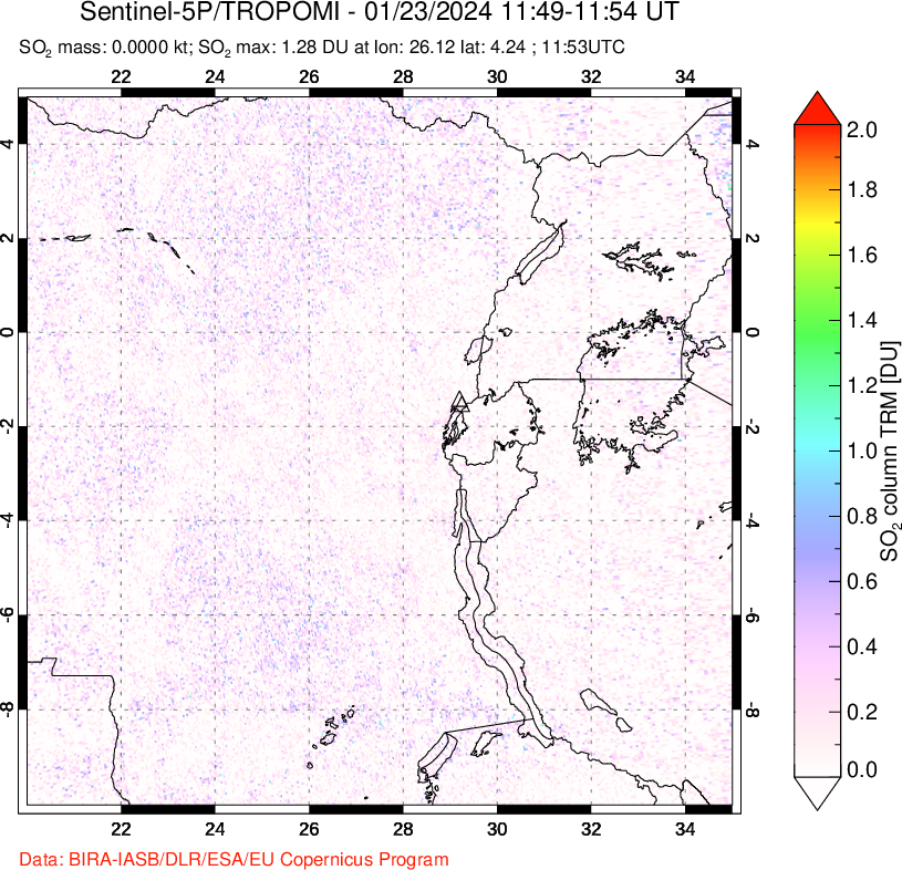 A sulfur dioxide image over Nyiragongo, DR Congo on Jan 23, 2024.