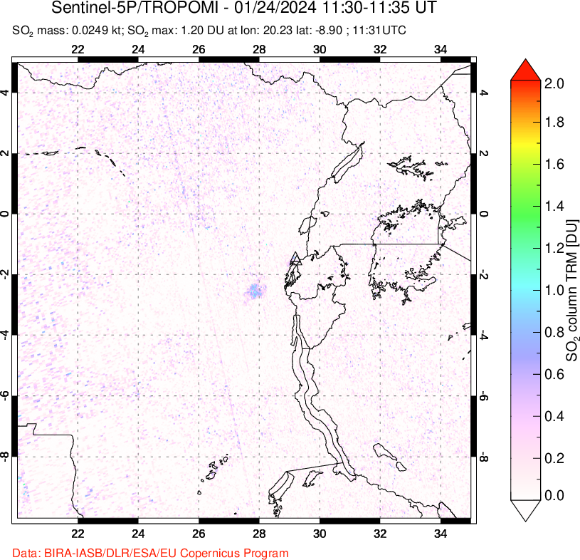 A sulfur dioxide image over Nyiragongo, DR Congo on Jan 24, 2024.