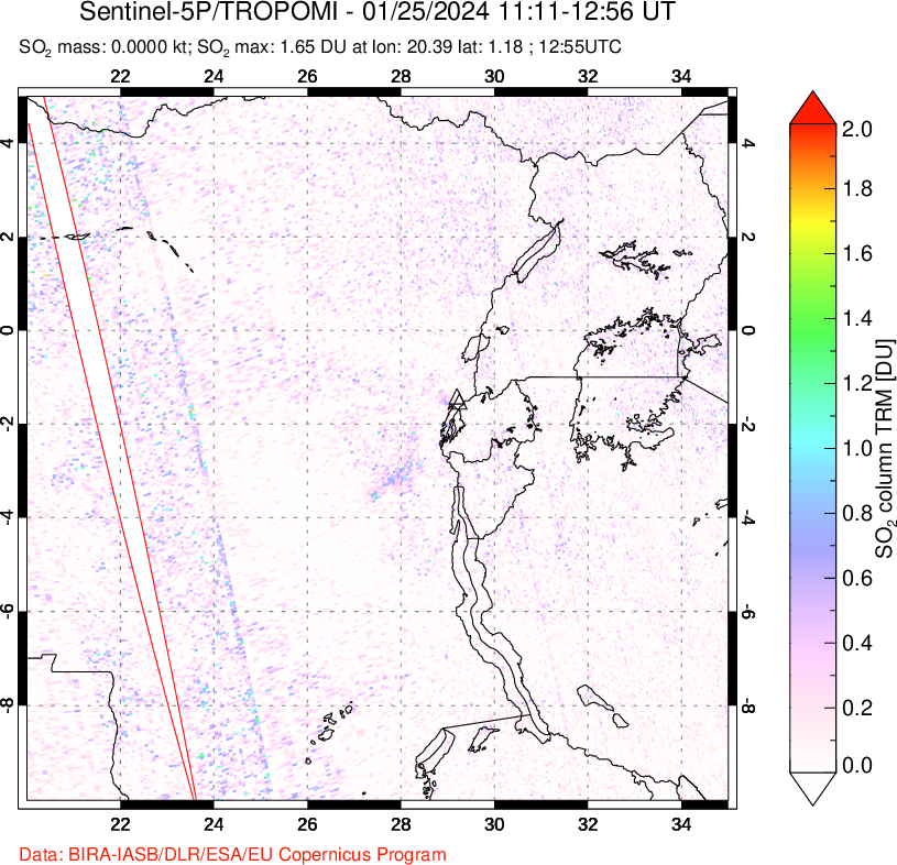 A sulfur dioxide image over Nyiragongo, DR Congo on Jan 25, 2024.